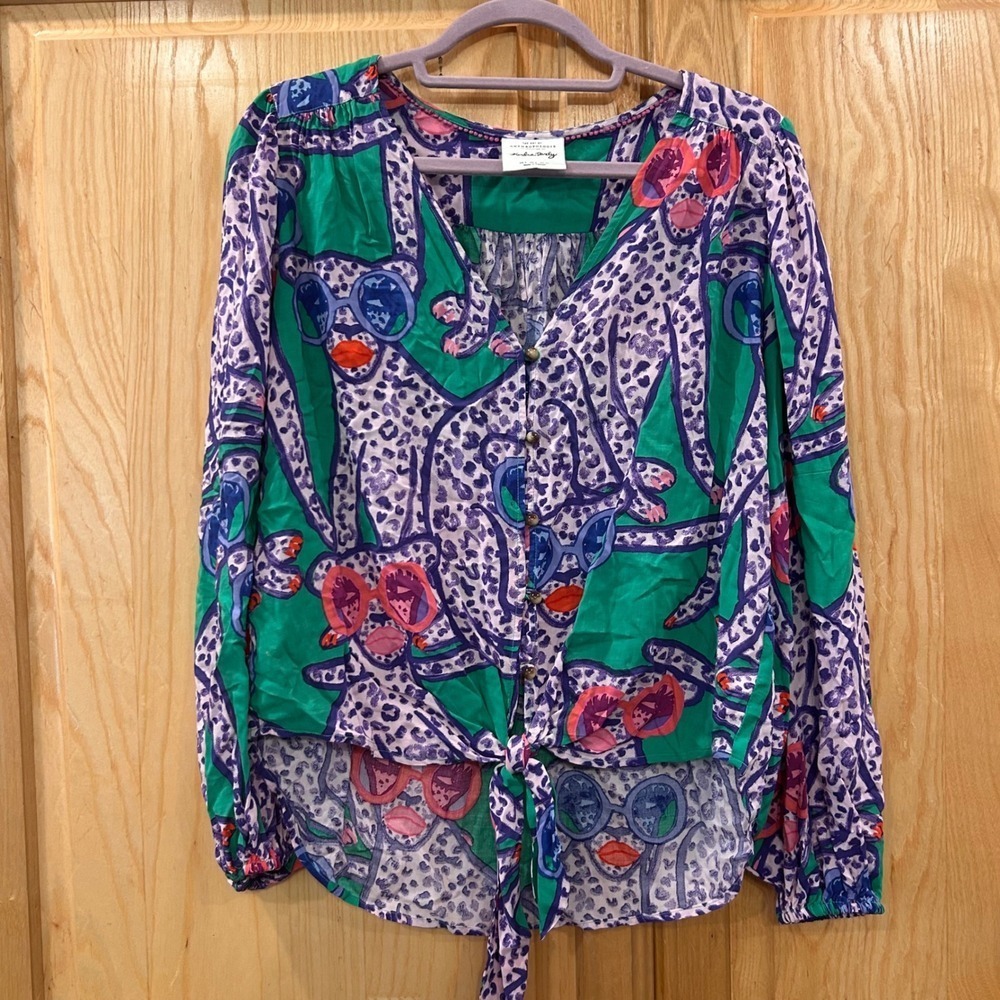 Art of Anthropologie Kendra Dandy Leopard Sunglasses Button Down Tie Top - Picture 3 of 9